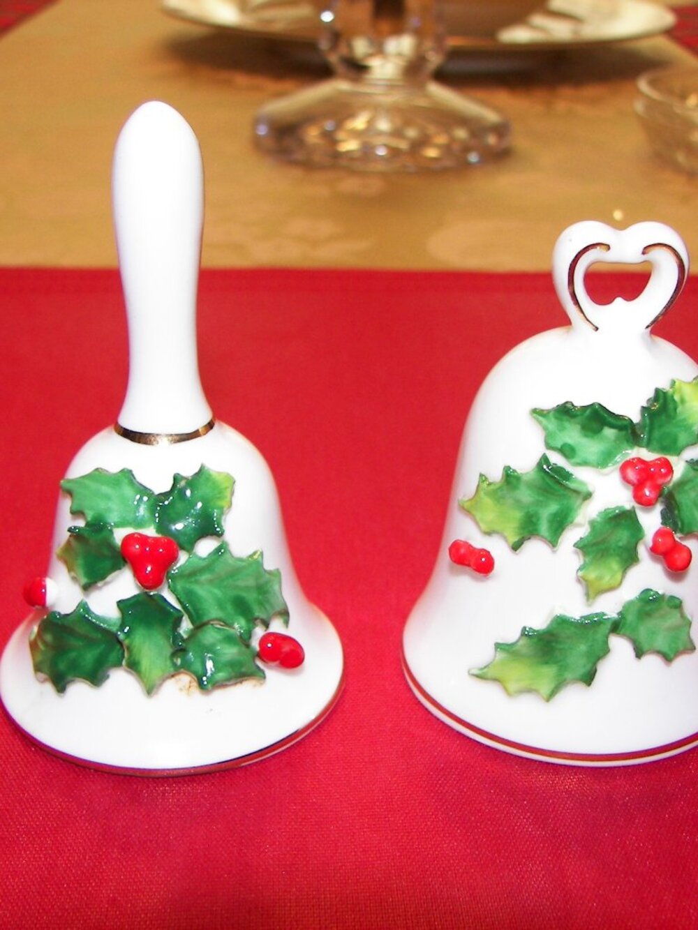 Vintage Napcoware Christmas bells with holly and gold-color trim, lot of two